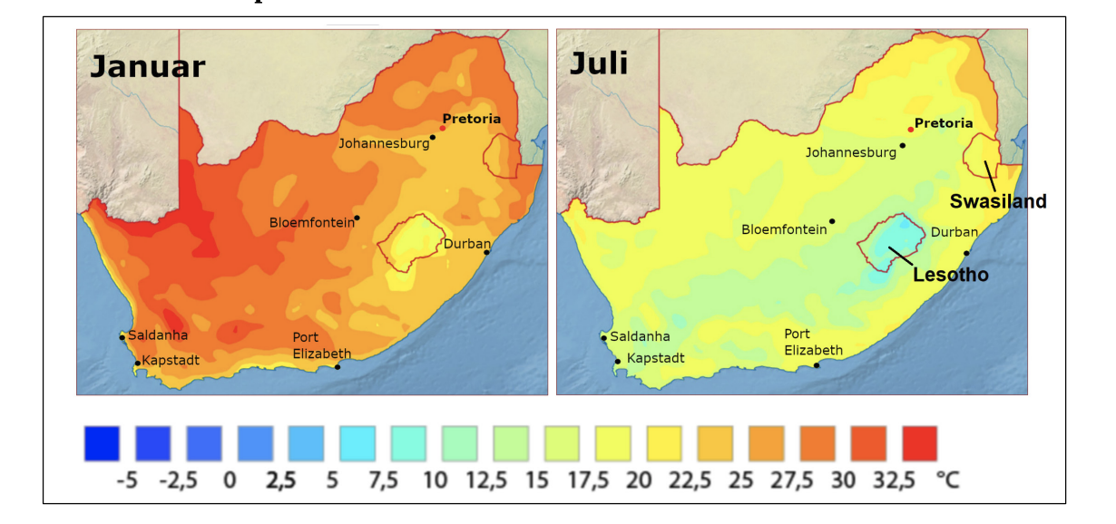 Karte der Durchschnittstemperaturen in Südafrika im Januar und Juli mit Temperaturlegende in Grad Celsius.